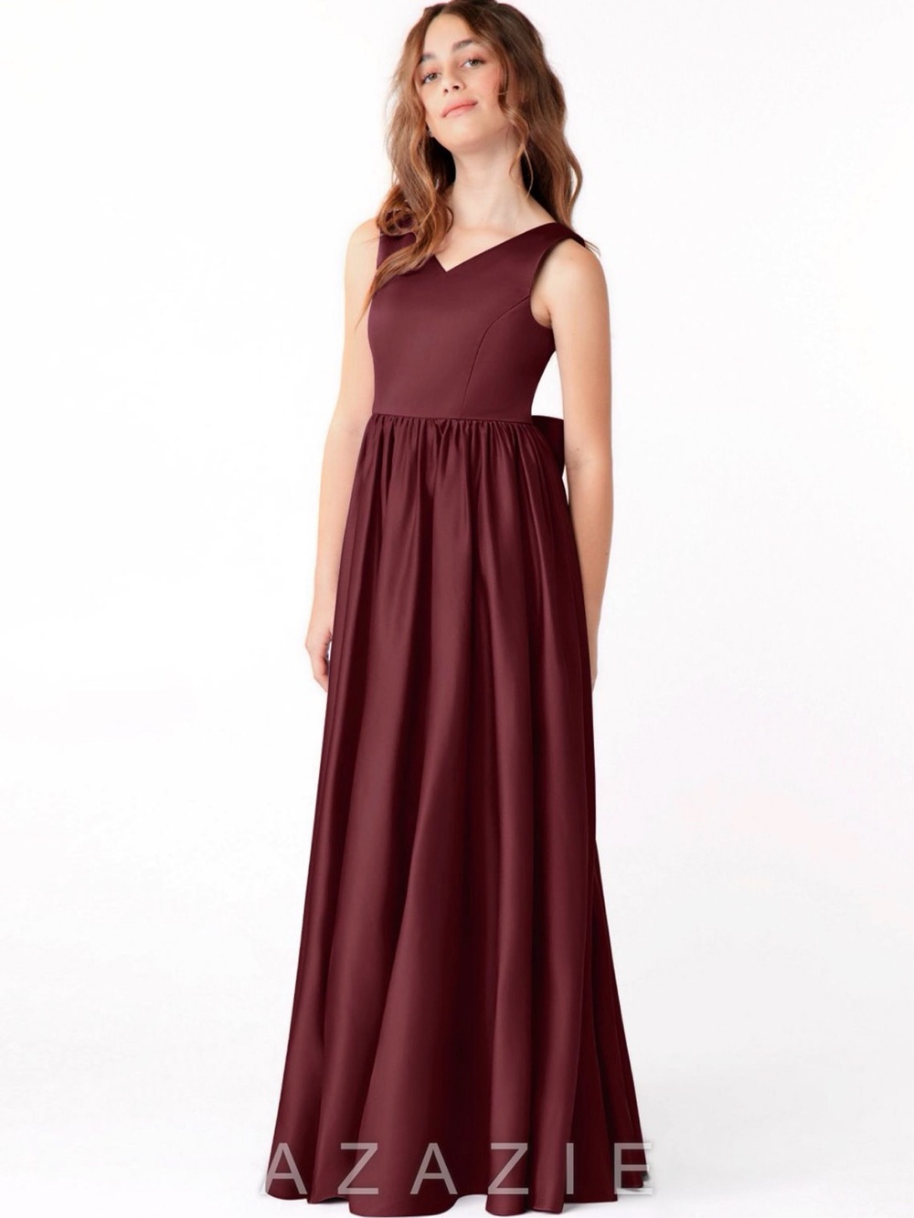 Azazie Girls' Cabernet Satin V-Neck Formal Dress